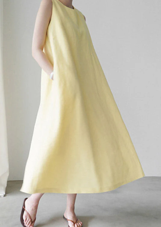 Cute Yellow O-Neck Solid Long Slip Dresses Summer - Image 2