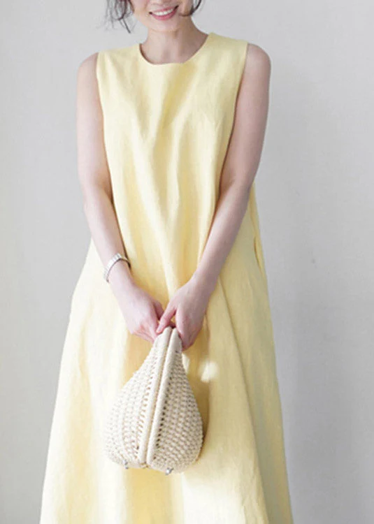 Cute Yellow O-Neck Solid Long Slip Dresses Summer - Image 3