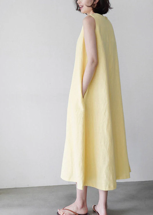 Cute Yellow O-Neck Solid Long Slip Dresses Summer - Image 4