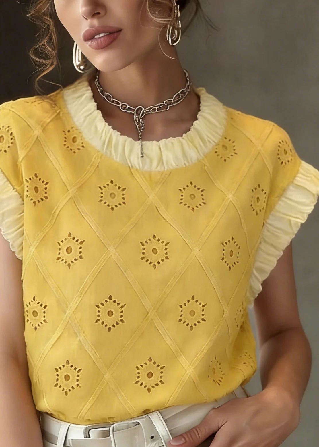 Cute Yellow Patchwork Hollow Out T Shirt Summer - Image 2