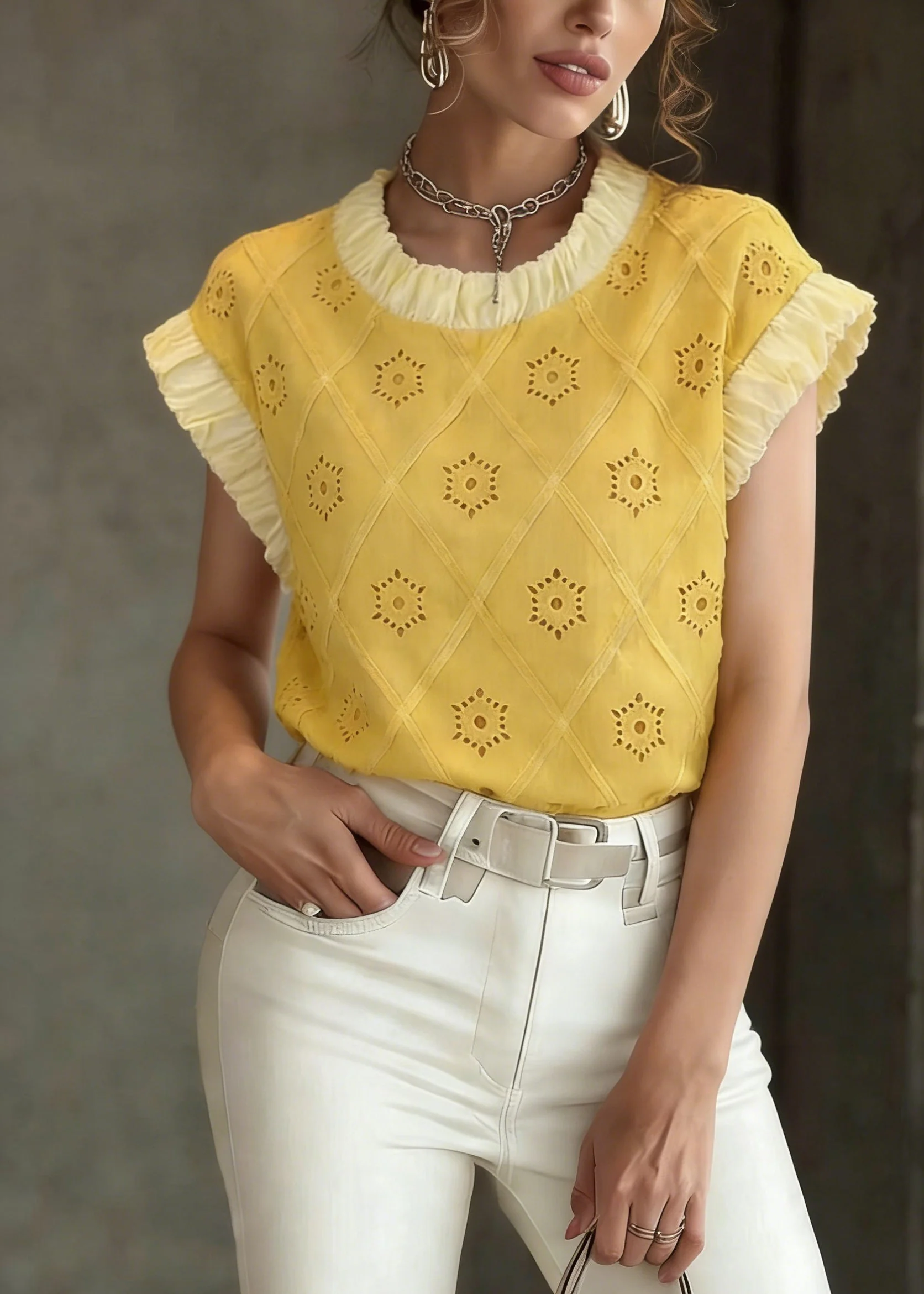 Cute Yellow Patchwork Hollow Out T Shirt Summer - Image 3