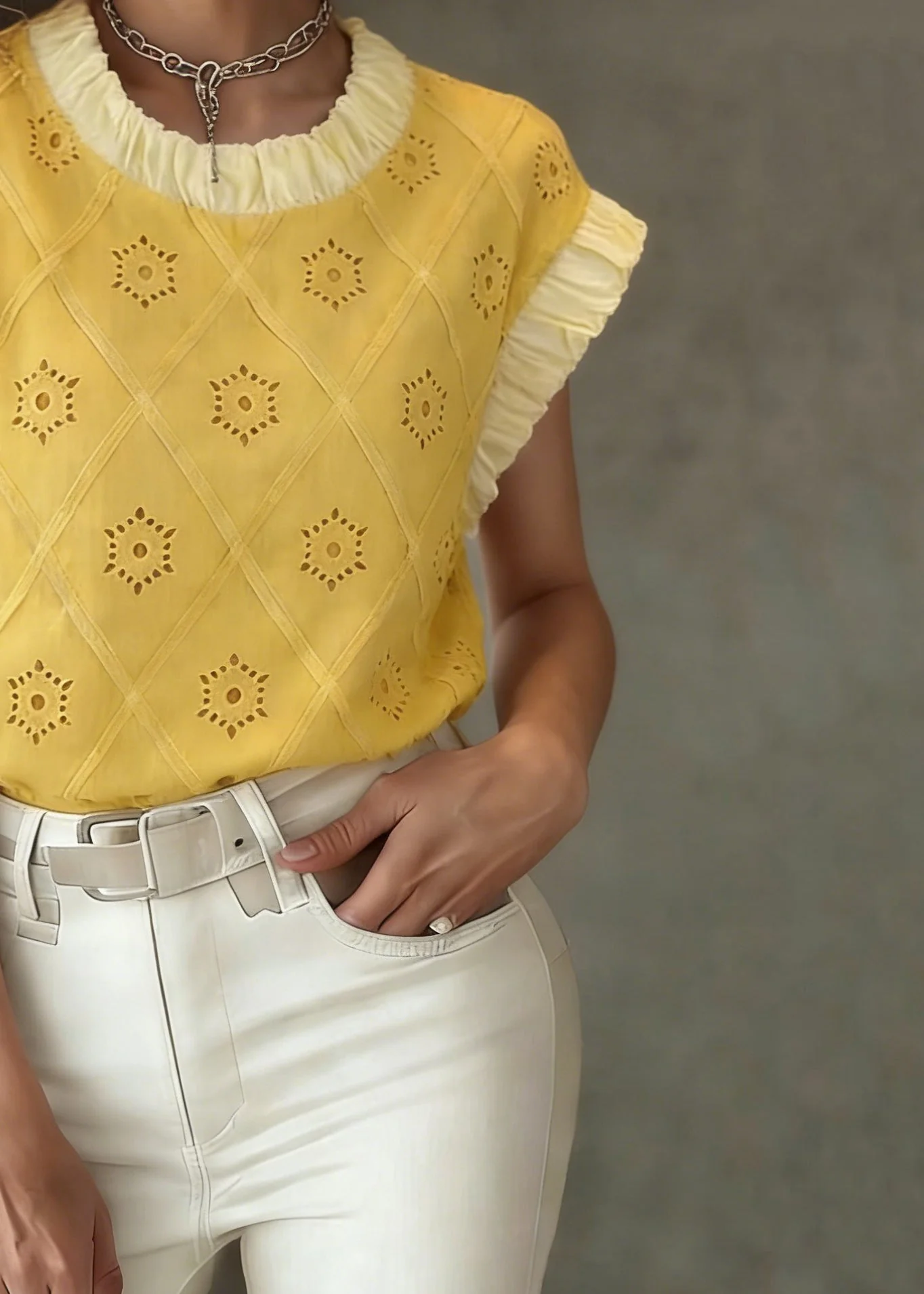 Cute Yellow Patchwork Hollow Out T Shirt Summer - Image 4