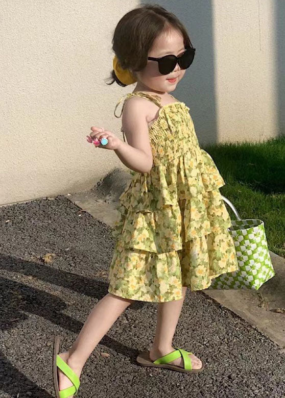Cute Yellow Print Wrinkled Patchwork Chiffon Baby Girls Sundress Summer - Image 3