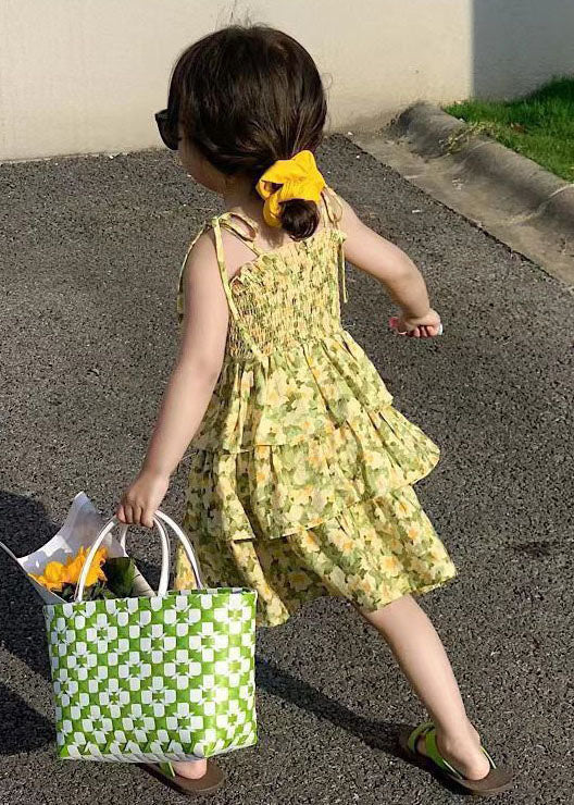 Cute Yellow Print Wrinkled Patchwork Chiffon Baby Girls Sundress Summer - Image 4