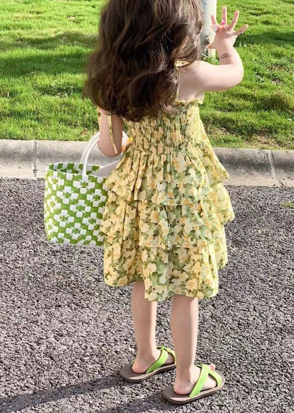 Cute Yellow Print Wrinkled Patchwork Chiffon Baby Girls Sundress Summer - Image 5