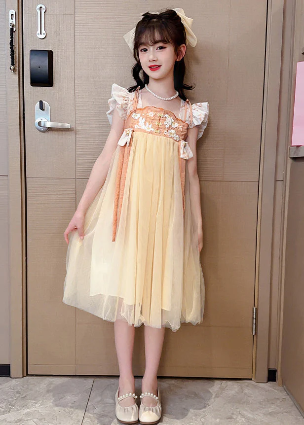 Cute Yellow Slash Neck Embroideried Patchwork Tulle Kids Long Dress Summer - Image 2