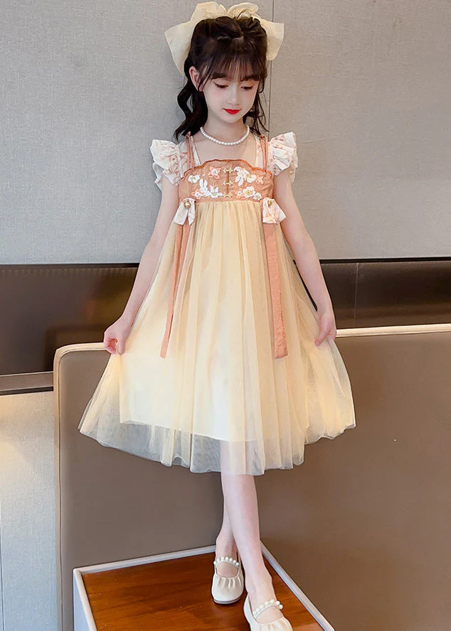 Cute Yellow Slash Neck Embroideried Patchwork Tulle Kids Long Dress Summer - Image 3