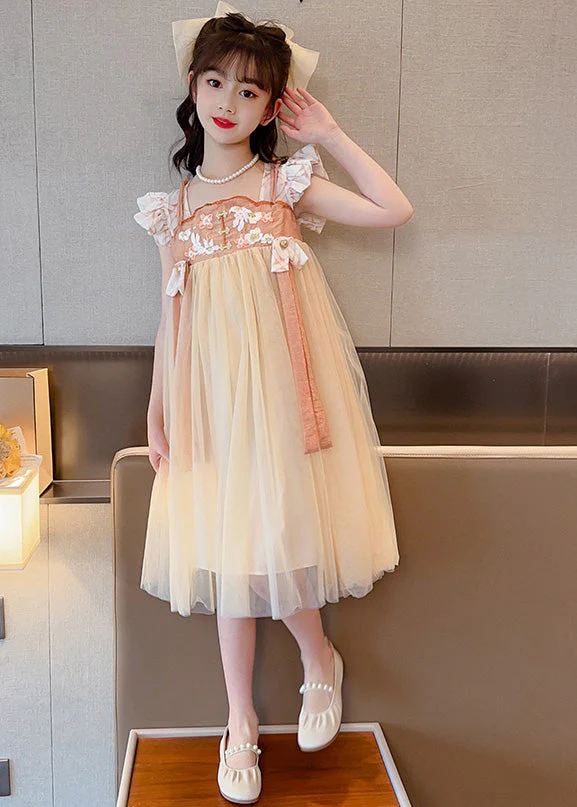 Cute Yellow Slash Neck Embroideried Patchwork Tulle Kids Long Dress Summer - Image 4