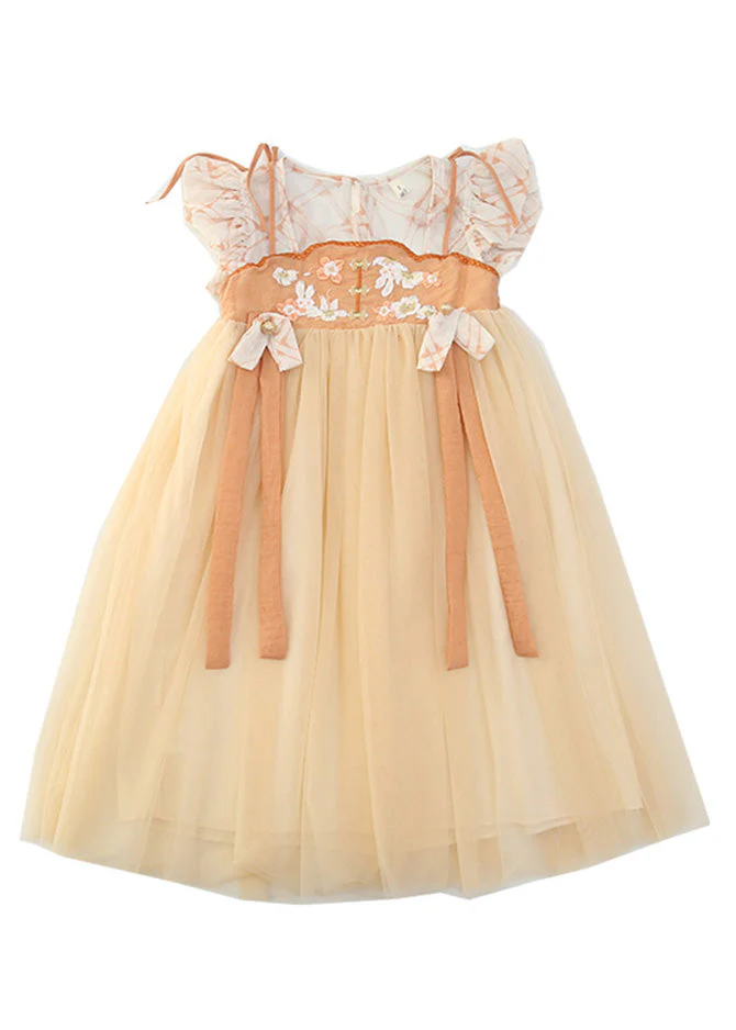 Cute Yellow Slash Neck Embroideried Patchwork Tulle Kids Long Dress Summer - Image 5