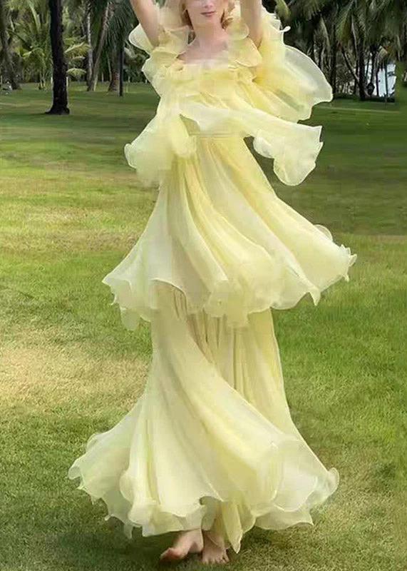 Cute Yellow Slash Neck Ruffled Patchwork Tulle Maxi Dress Sleeveless