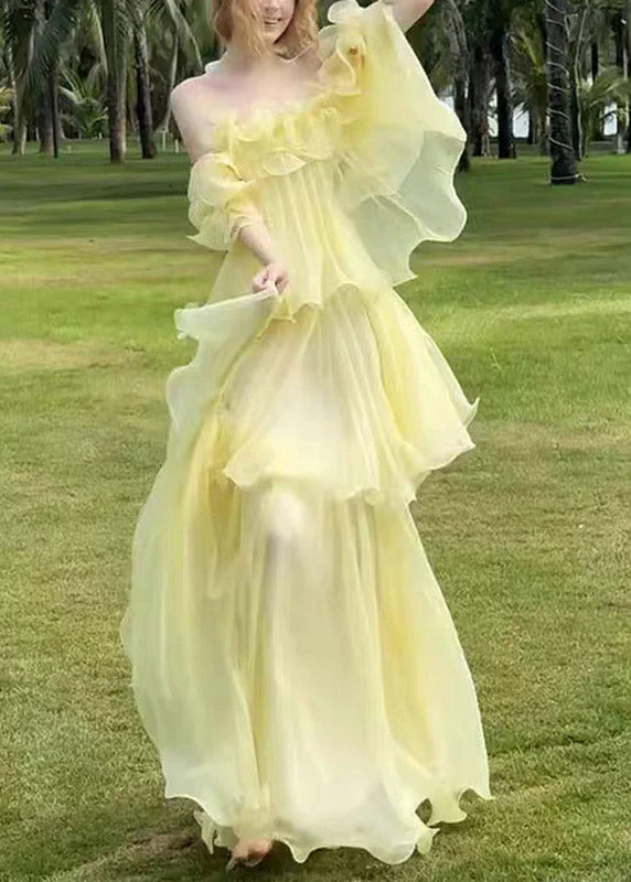 Cute Yellow Slash Neck Ruffled Patchwork Tulle Maxi Dress Sleeveless - Image 2