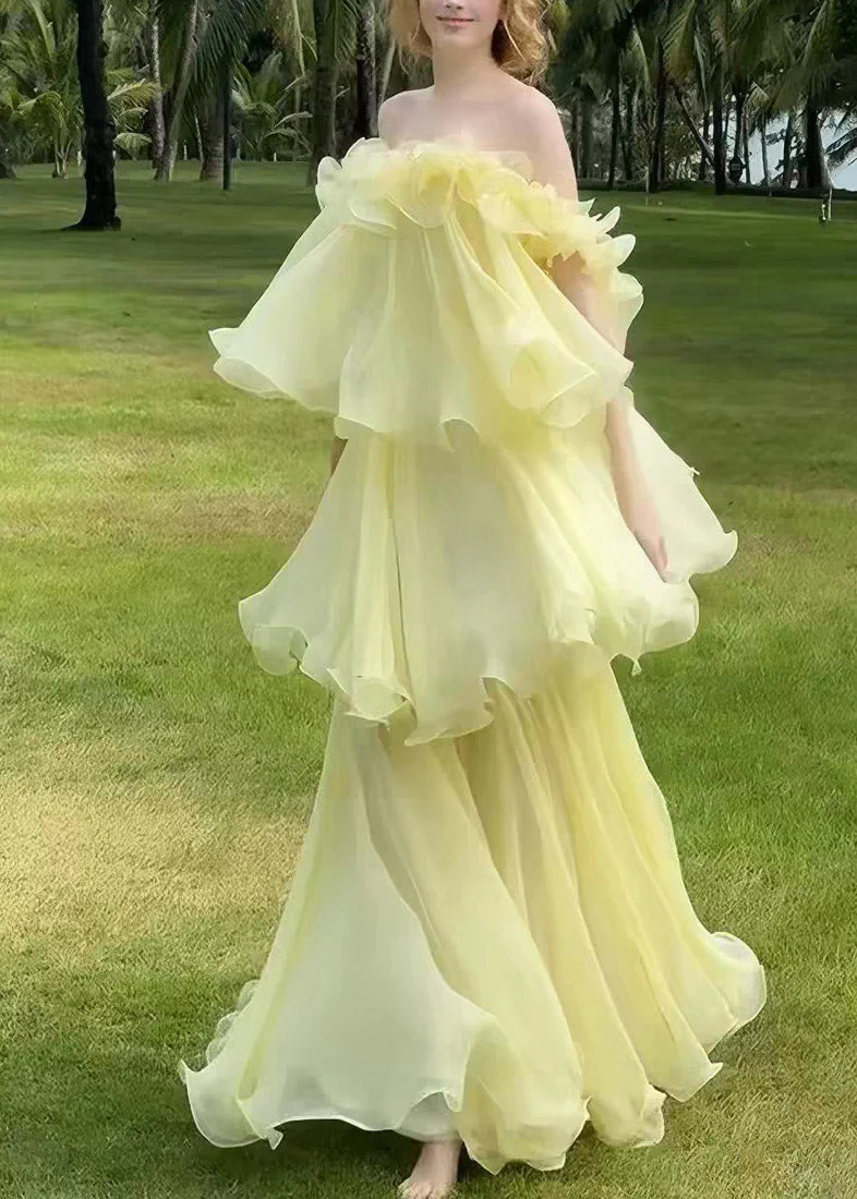 Cute Yellow Slash Neck Ruffled Patchwork Tulle Maxi Dress Sleeveless - Image 3