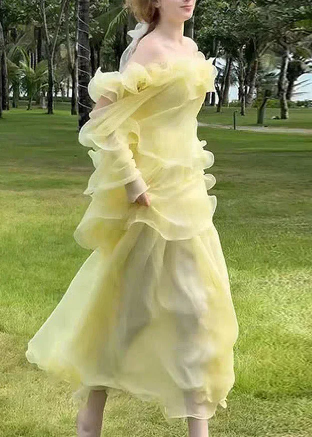 Cute Yellow Slash Neck Ruffled Patchwork Tulle Maxi Dress Sleeveless - Image 4