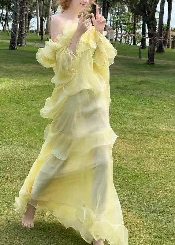 Cute Yellow Slash Neck Ruffled Patchwork Tulle Maxi Dress Sleeveless - Image 5