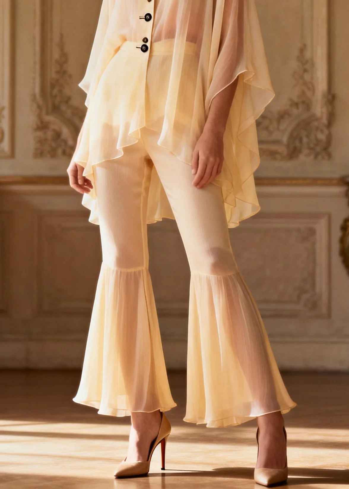 Cute Yellow V Neck Button Patchwork Chiffon Shirts And Flared Trousers Two Pieces Set Spring - Image 4