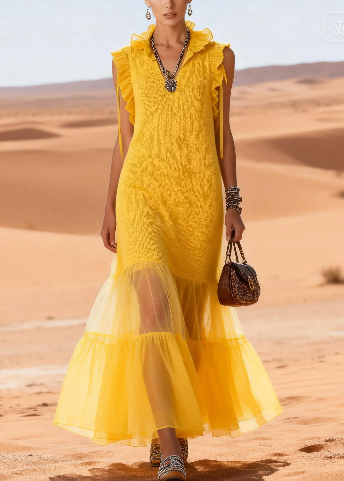 Cute Yellow V Neck Ruffled Tulle Patchwork Cotton Knit Long Dress Sleeveless - Image 3