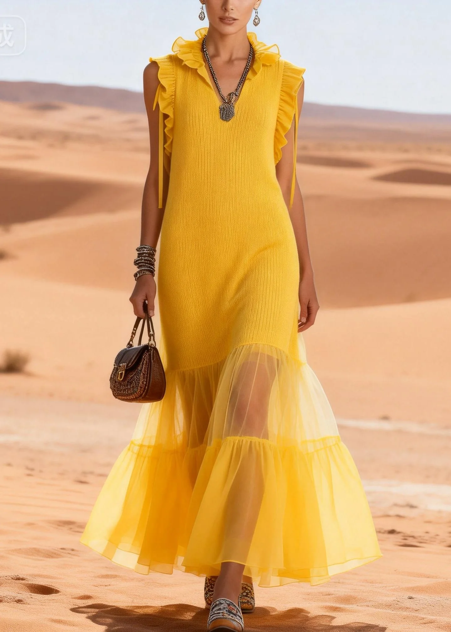 Cute Yellow V Neck Ruffled Tulle Patchwork Cotton Knit Long Dress Sleeveless - Image 5