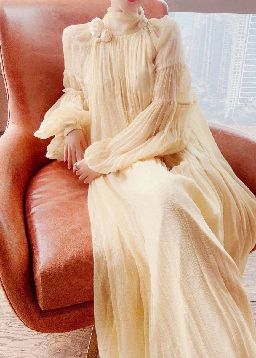 Cute Yellow Wrinkled Patchwork Chiffon Long Dress Lantern Sleeve - Image 3