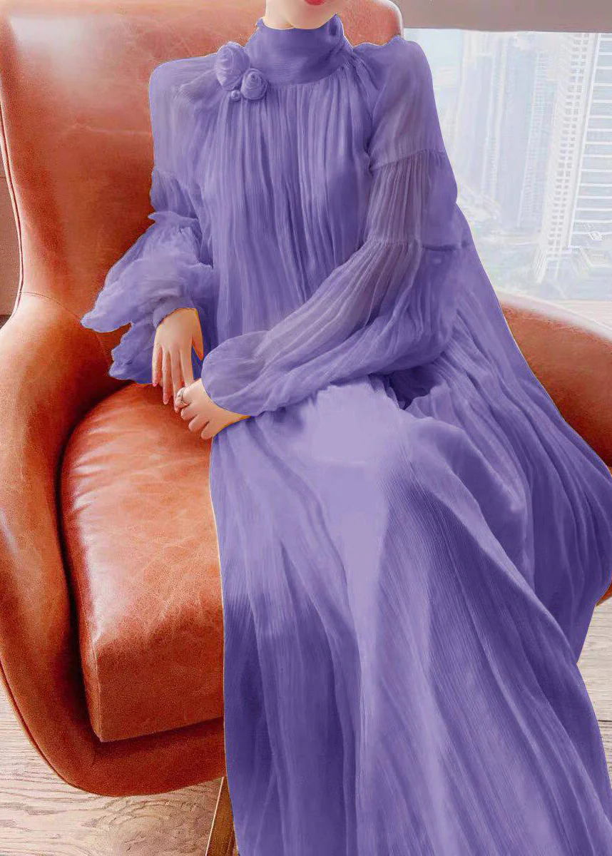 Cute Yellow Wrinkled Patchwork Chiffon Long Dress Lantern Sleeve - Image 4