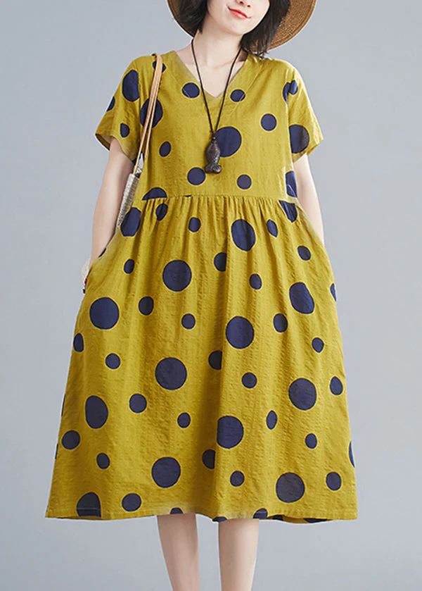 Cute Yellow Wrinkled V Neck Pockets Dot Print Cotton Dresses Short Sleeve - Image 3
