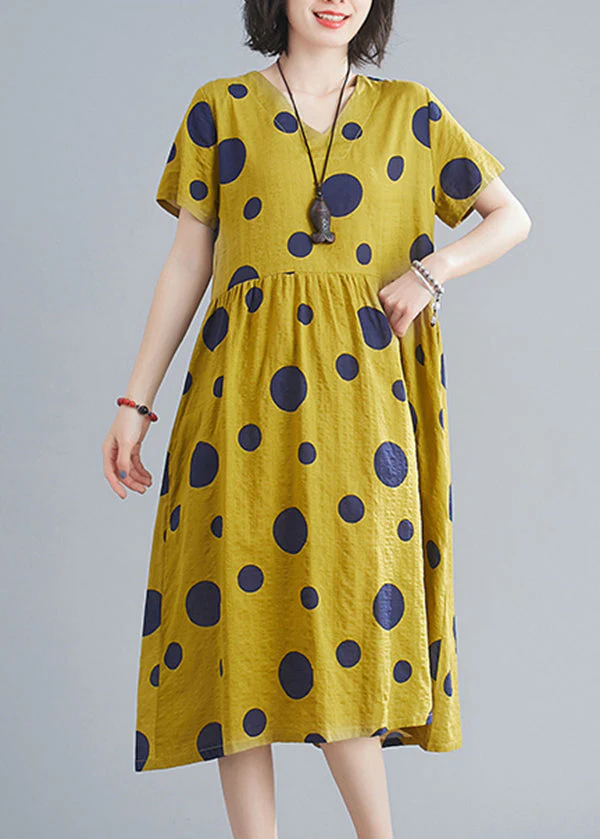 Cute Yellow Wrinkled V Neck Pockets Dot Print Cotton Dresses Short Sleeve - Image 4
