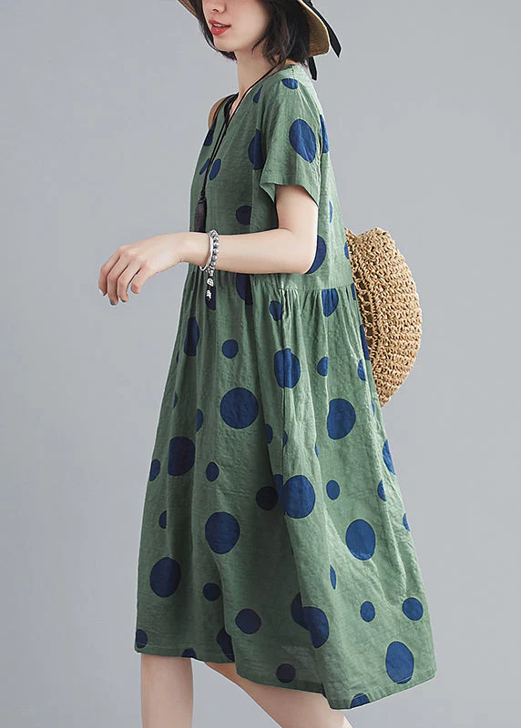 Cute Yellow Wrinkled V Neck Pockets Dot Print Cotton Dresses Short Sleeve - Image 5