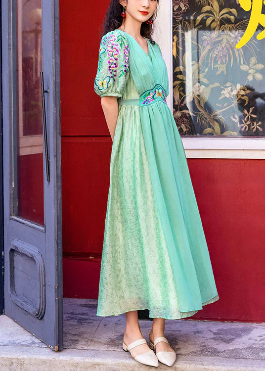 Cyan Silk Long Dresses Cinched V Neck Short Sleeve - Image 2