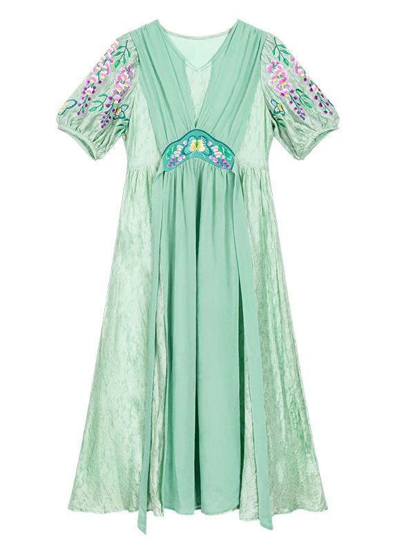 Cyan Silk Long Dresses Cinched V Neck Short Sleeve - Image 3