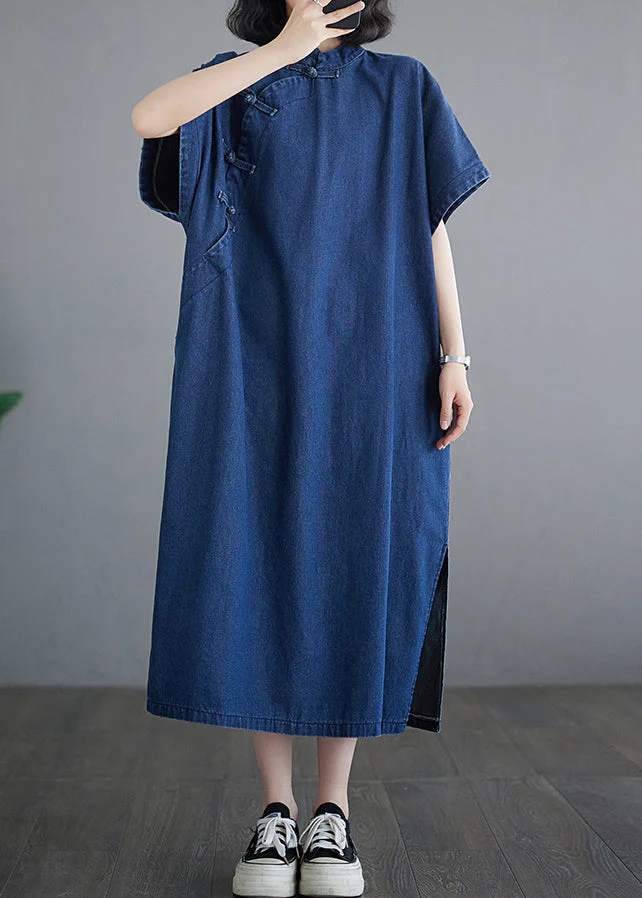 Dark Blue Patchwork Button Side Open Denim Long Dress Summer - Image 3