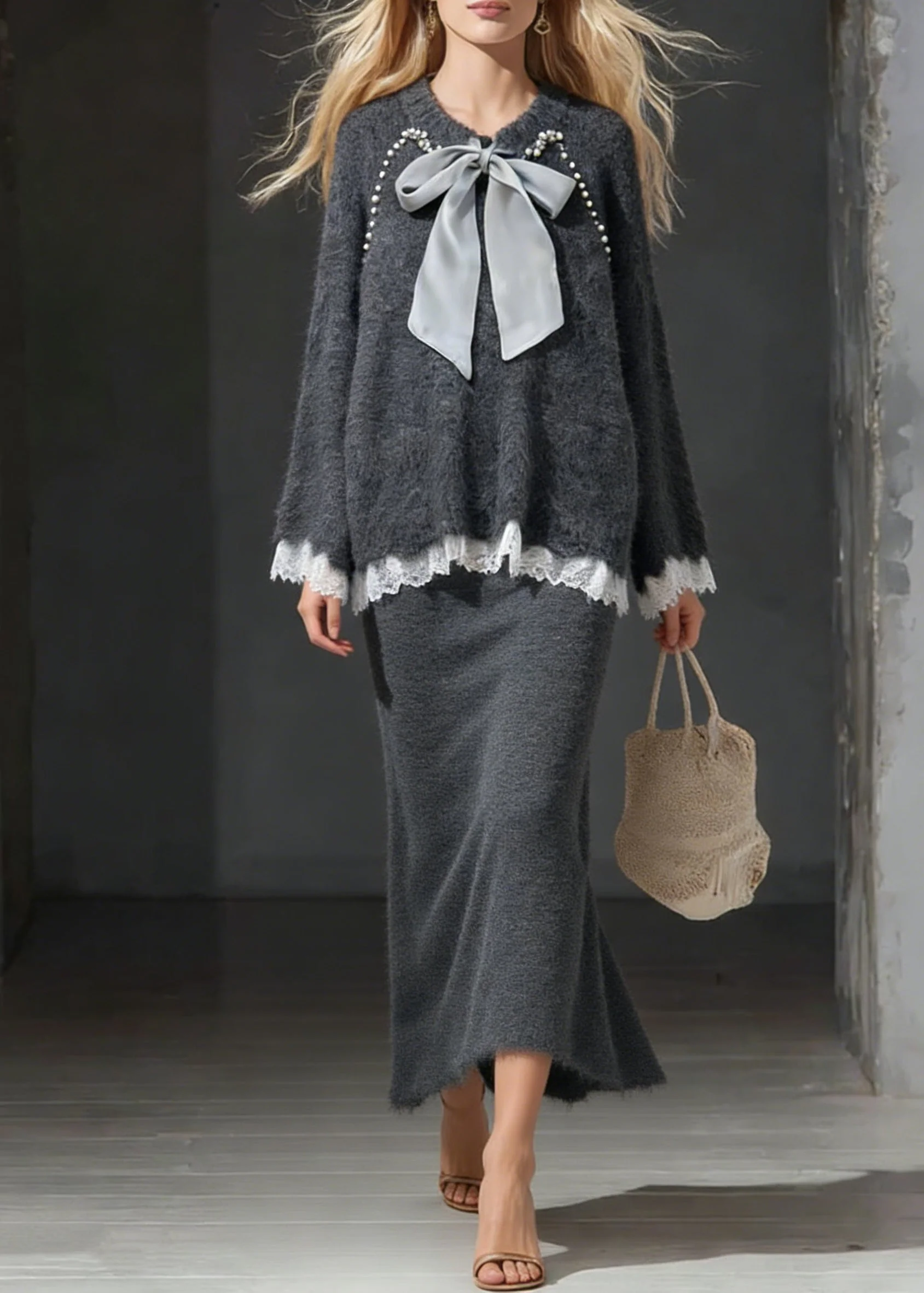 Dark Gray Sweater And Skirt Lace Patchwork Knit Two Piece Set Lace Up - Image 3
