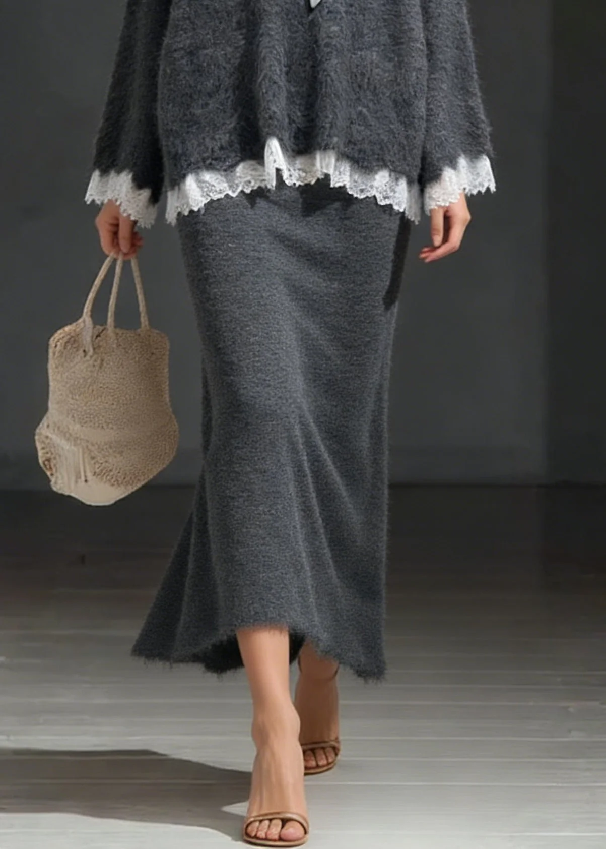 Dark Gray Sweater And Skirt Lace Patchwork Knit Two Piece Set Lace Up - Image 4