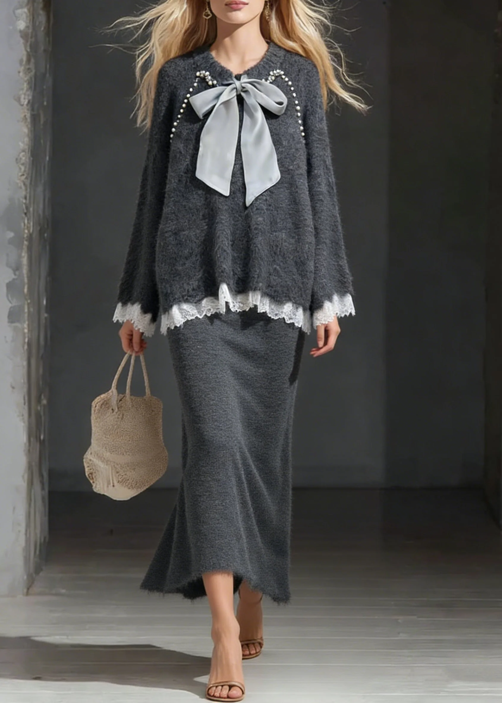 Dark Gray Sweater And Skirt Lace Patchwork Knit Two Piece Set Lace Up - Image 5