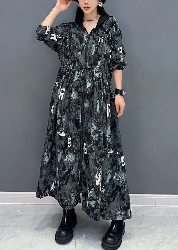Dark Gray Zippered Print Cotton Dress Hooded Short Sleeve - Image 2