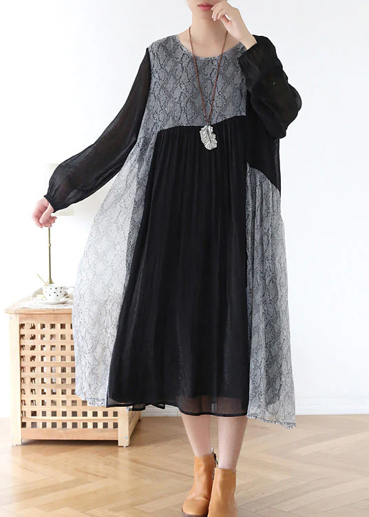 Dark Grey Loose Chiffon Long Dress Wrinkled Asymmetrical Long Sleeve - Image 2
