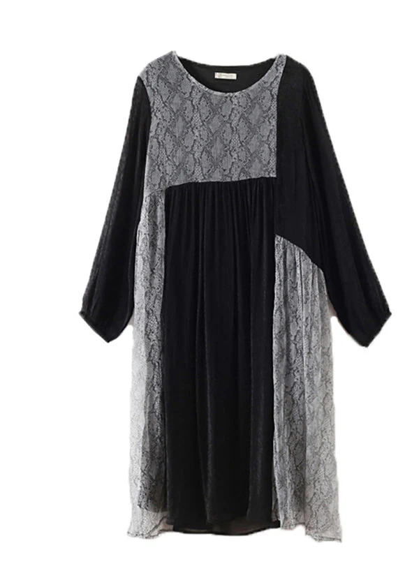 Dark Grey Loose Chiffon Long Dress Wrinkled Asymmetrical Long Sleeve - Image 4