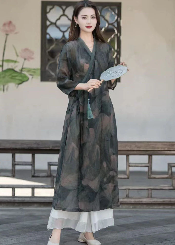 Dark Grey Patchwork Linen Maxi Dresses V Neck Lace Up Summer - Image 3