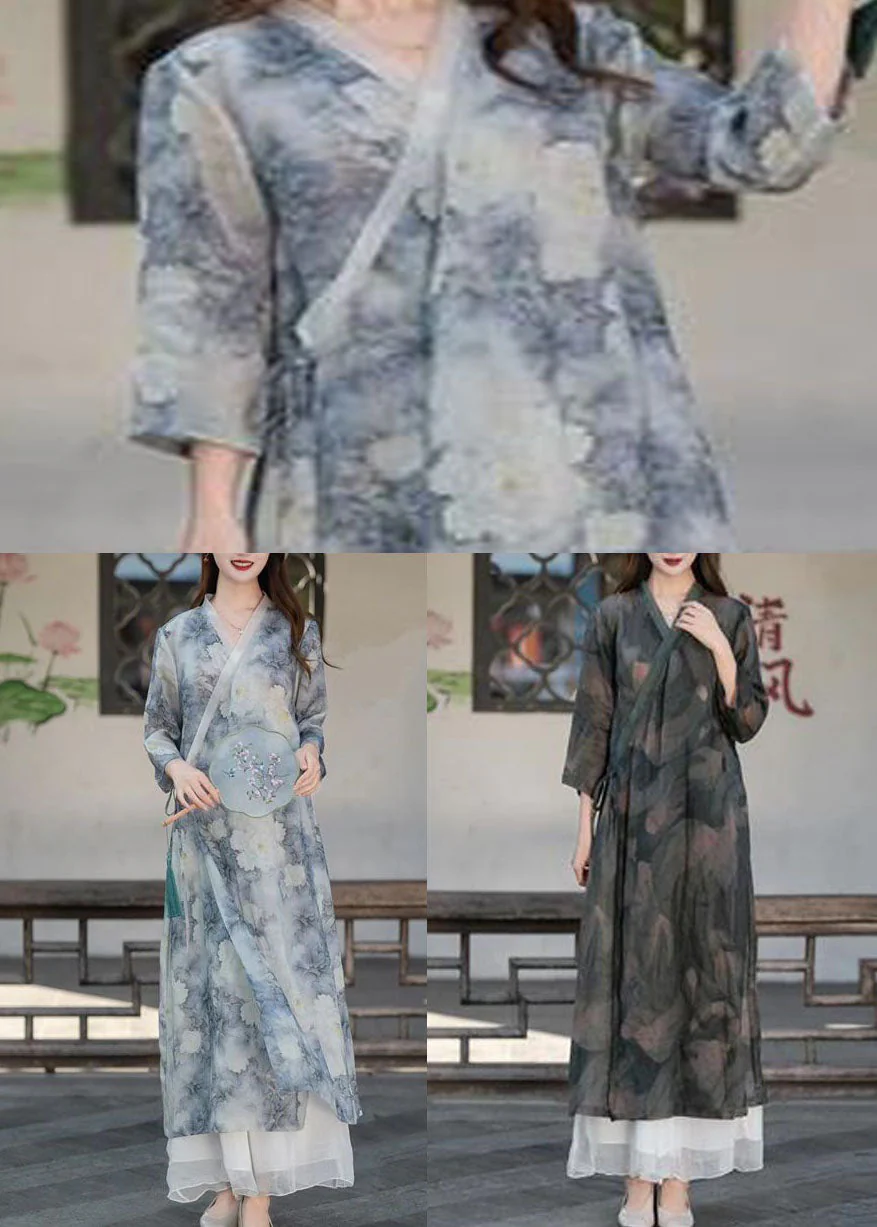 Dark Grey Patchwork Linen Maxi Dresses V Neck Lace Up Summer - Image 5