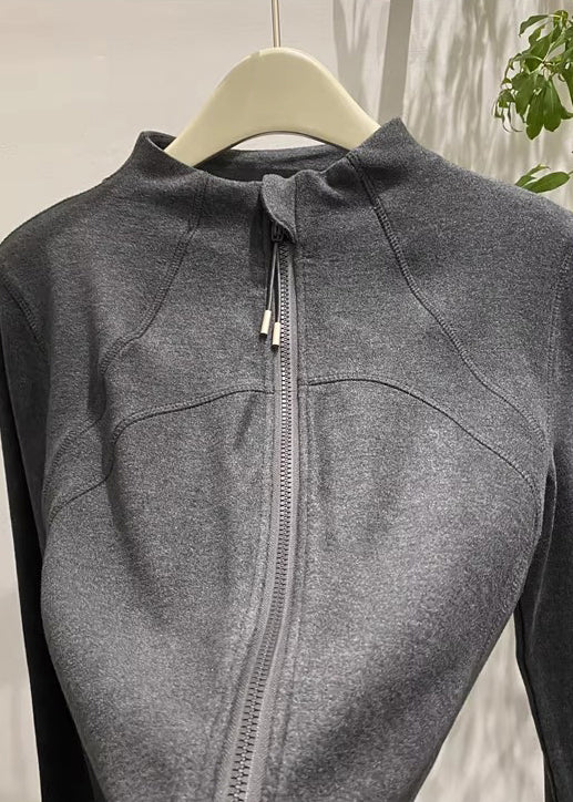 Dark Grey Velour Jackets Zip Up Stand Collar Winter - Image 2