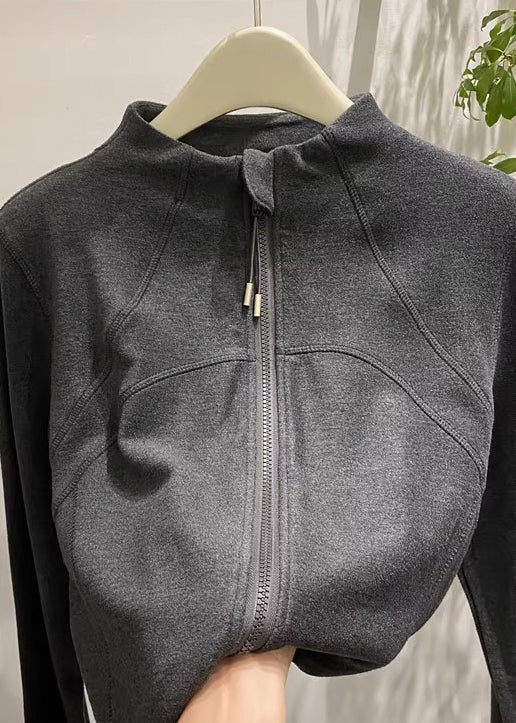 Dark Grey Velour Jackets Zip Up Stand Collar Winter - Image 3