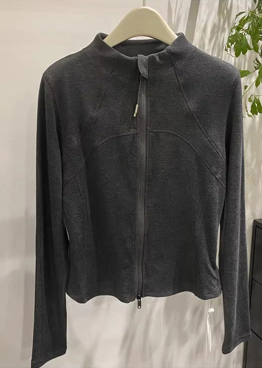 Dark Grey Velour Jackets Zip Up Stand Collar Winter - Image 4
