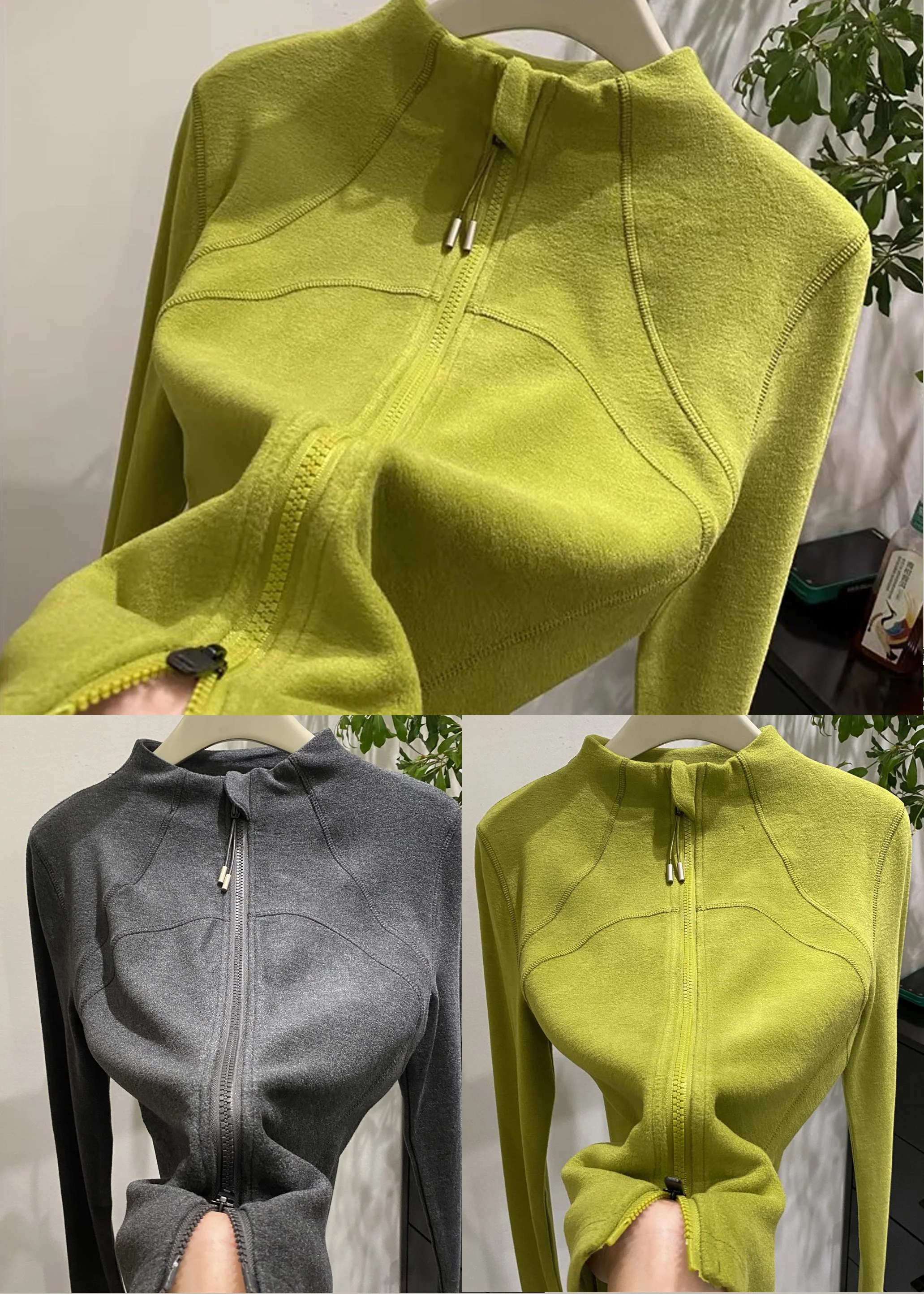 Dark Grey Velour Jackets Zip Up Stand Collar Winter - Image 5