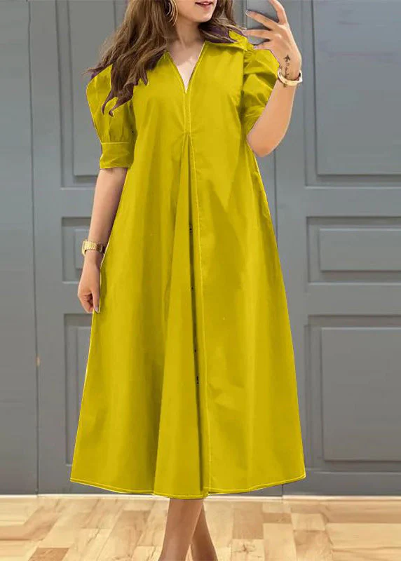 Dark Purple Cotton Pleated Dress Puff Sleeve V Neck Summer - Image 3