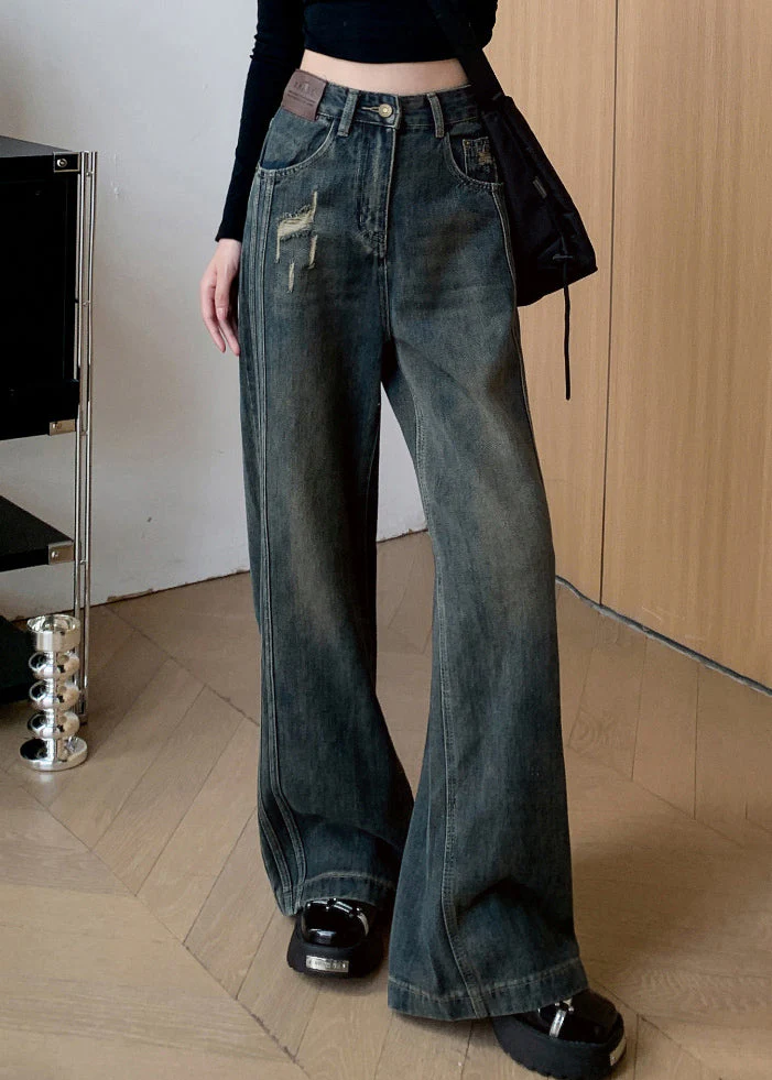 Denim Black Warm Fleece Straight Pants Ripped Jeans Winter - Image 2