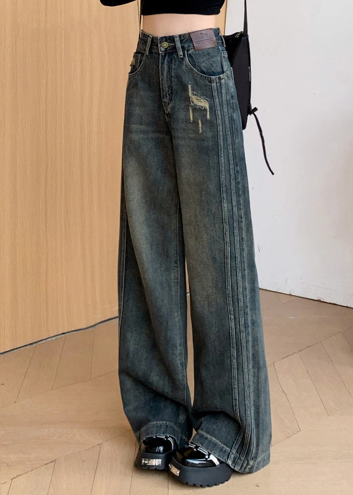 Denim Black Warm Fleece Straight Pants Ripped Jeans Winter - Image 3