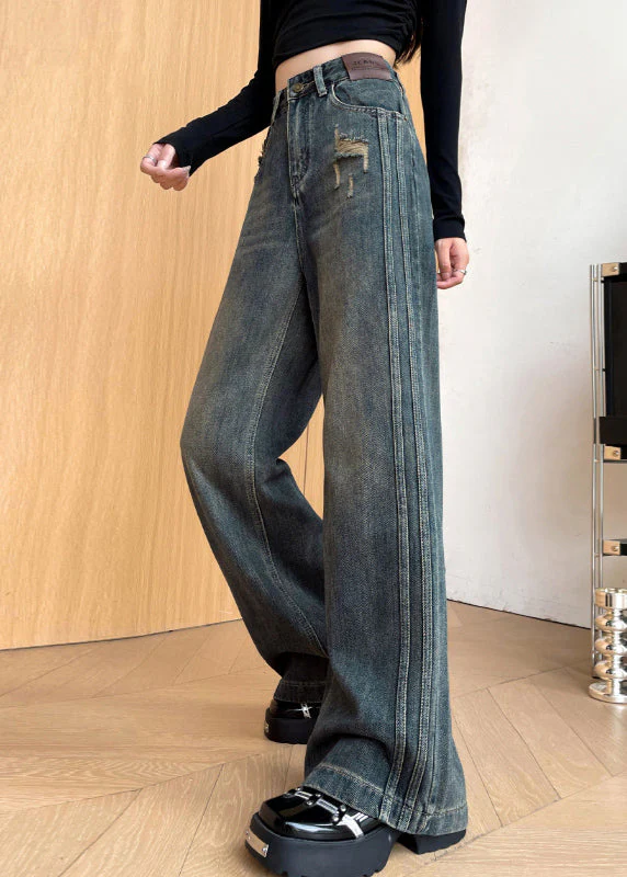 Denim Black Warm Fleece Straight Pants Ripped Jeans Winter - Image 4