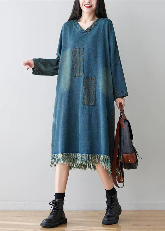 Denim Blue Patchwork Cotton Dress Oversized Applique Spring - Image 2