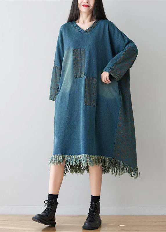 Denim Blue Patchwork Cotton Dress Oversized Applique Spring - Image 3