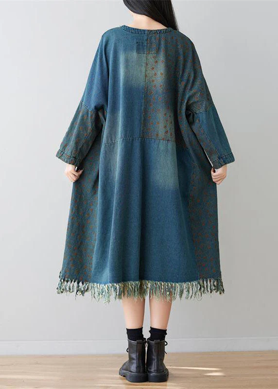 Denim Blue Patchwork Cotton Dress Oversized Applique Spring - Image 4