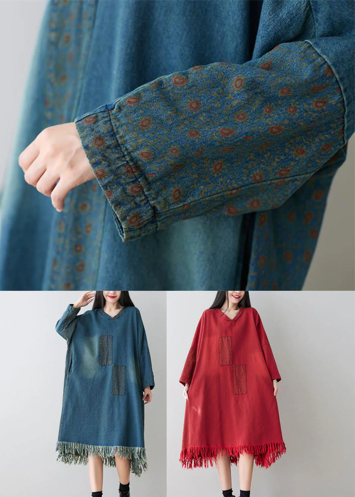 Denim Blue Patchwork Cotton Dress Oversized Applique Spring - Image 5