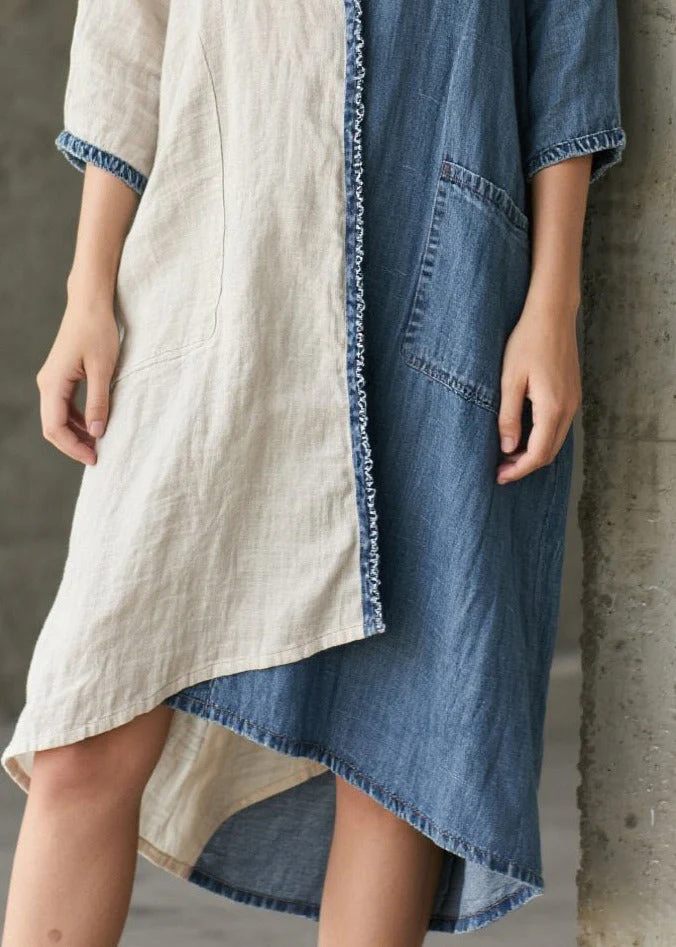 Denim Blue Patchwork Cotton Vacation Dresses Asymmetrical Summer - Image 3